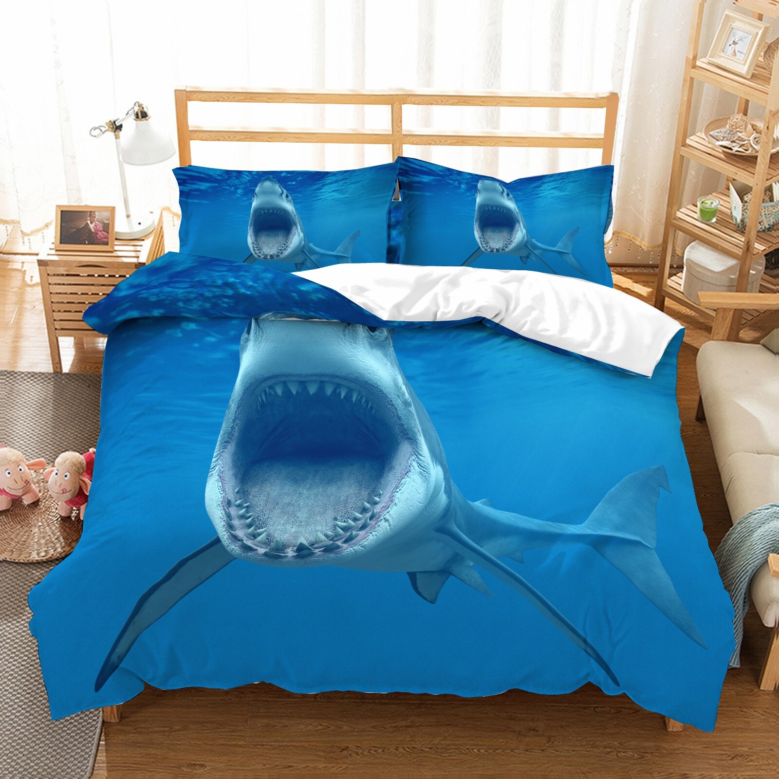 3D Sea Shark Fish Blue Quilt Cover Set Bedding Sets Pillowcases 64