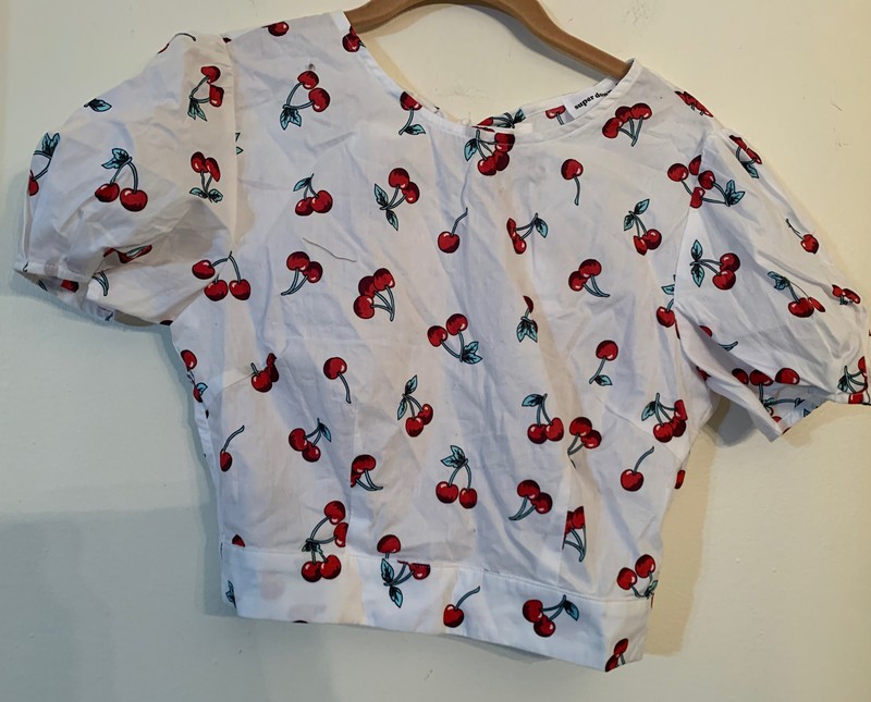 SUPER DOWN - White Short Sleeve Cotton  Top W/Cherry Print. Size - S. EUC