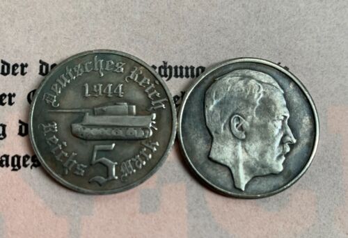 5 MARK GERMAN COIN HITLER PANZER TANK  SWASTIKA NAZI FUHRER  WW2  REICHSMARK - Imagen 1 de 1