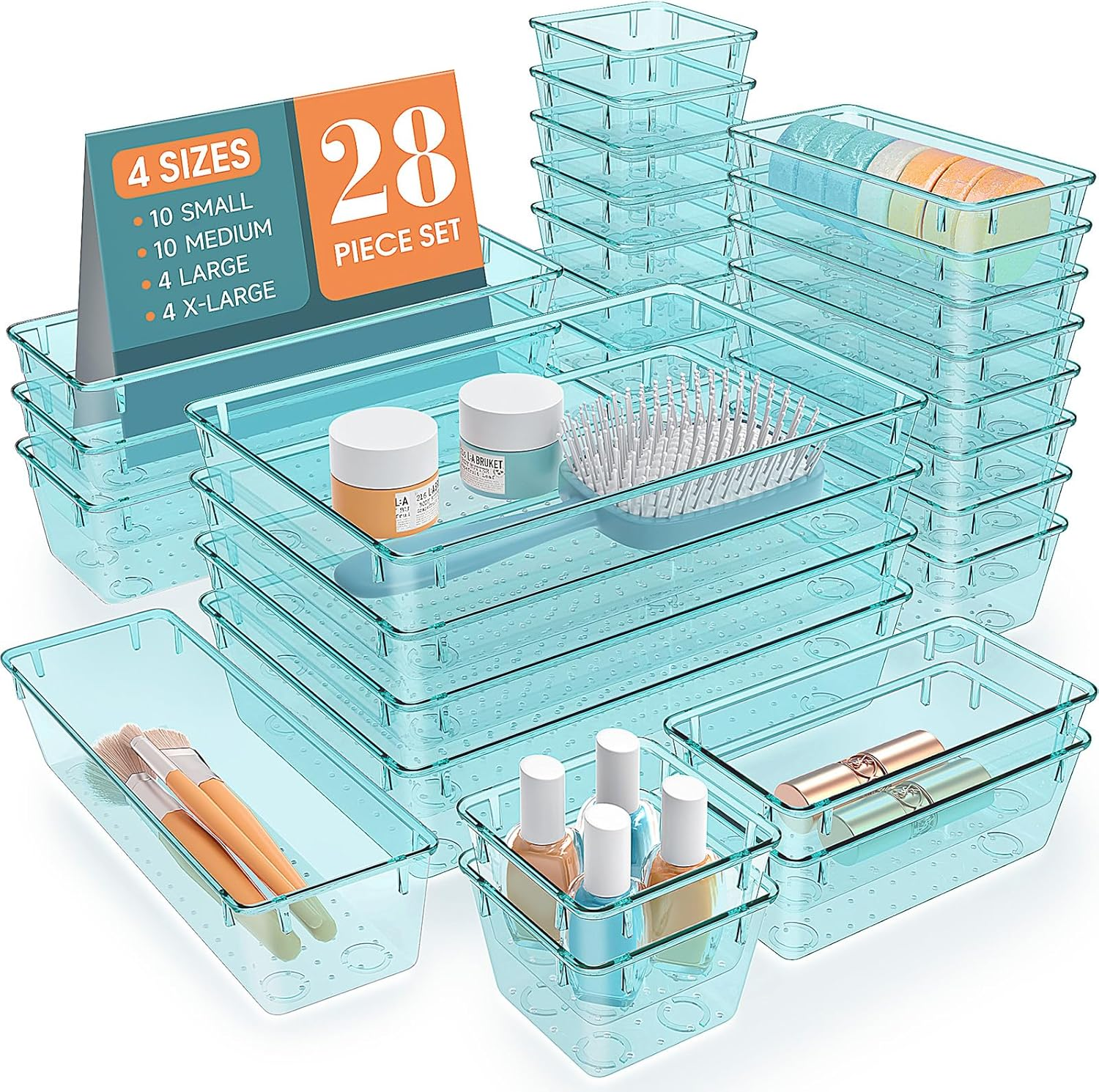 28 PCS Clear Plastic Drawer Organizers Set, 4 Size Desk Drawer Organizer Trays f