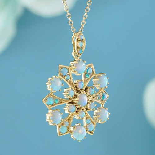 9K Yellow Gold Natural Opal Vintage Style Bloom Pendant - Picture 2 of 6