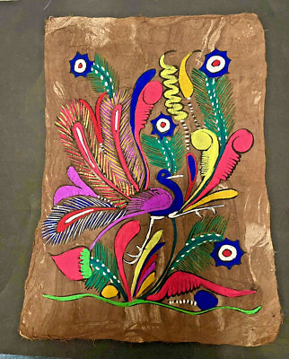 Vtg MEXICAN Folk Art Handmade Amate Tree Bark Painted Neon Color Folklore 12''x8''