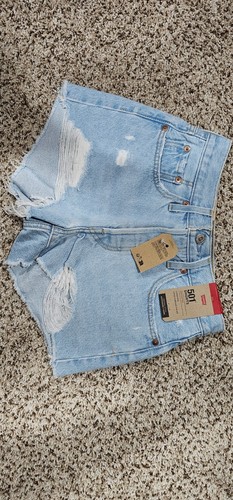 LEVI'S Women High Rise 501 Shorts Jeans Light Wash Distressed