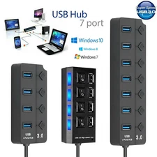 USB 3.0 Hub 7 Port On/Off Switch High Speed Splitter AC Adapter Cable PC Laptop