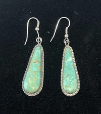 Native American Sterling Silver & Kingman Turquoise Signed MAX Drop Earrings