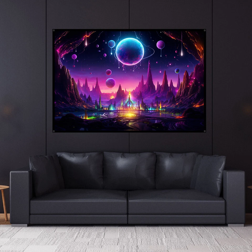 Tapiz UV Dream Land, reactivo a la luz negra, colgante de pared psicodélico, arte DMT Foto 2 de 4