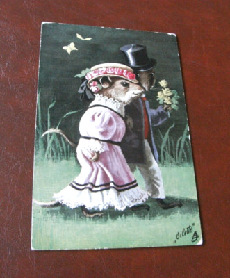 ORIGINAL ANTHROPOMORPHE MAUS STECK POSTKARTE - VERLOBT, Nr. 4089.