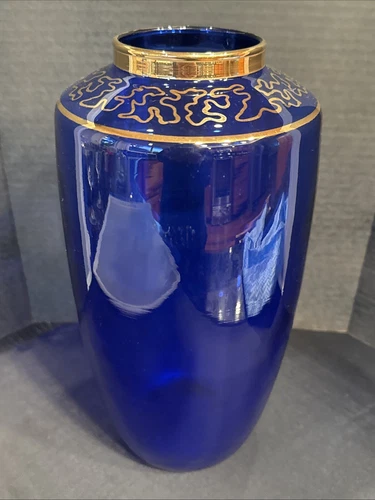 MURANO Vase Large Cobalt Blue Glass Gold Trim 10" Vintage