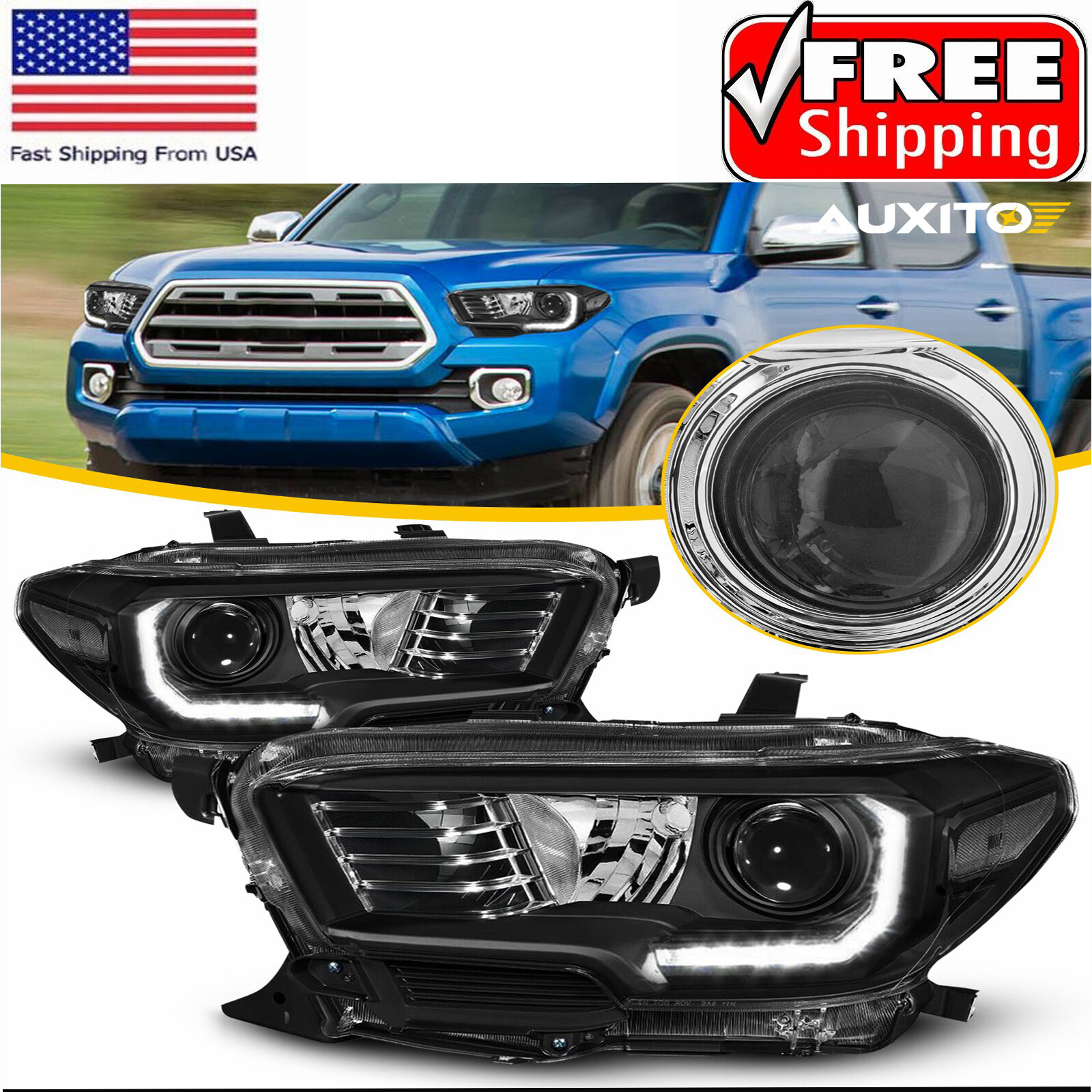 Fit For 2016-2022 Toyota Tacoma DRL Headlights Black Housing Lamps Left & Right