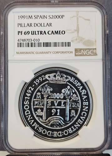 1991 SPAIN SILVER 2000 PESETAS PILLAR DOLLAR NGC PF 69 ULTRA CAMEO SCARCE COIN