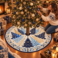 Blue Gold Christmas Tree Skirt, Elegant Holiday Winter Decor
