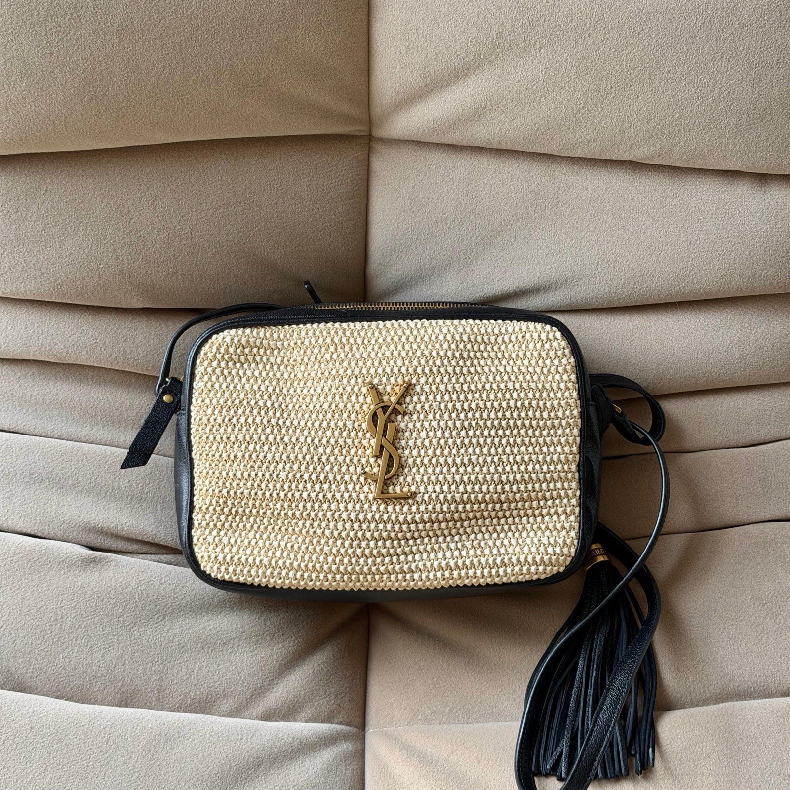 Saint Laurent YSL Camera Lou Bag in Raffia with Gold Hardware
