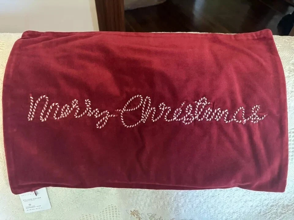 Funda de almohada Pottery Barn Holiday Sham Navidad bastón de caramelo terciopelo rojo disney Foto 4 de 4