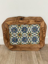 Large Rustic Wood Heavy Tray With Ceramic Tiles Home Decor With Handles Serving