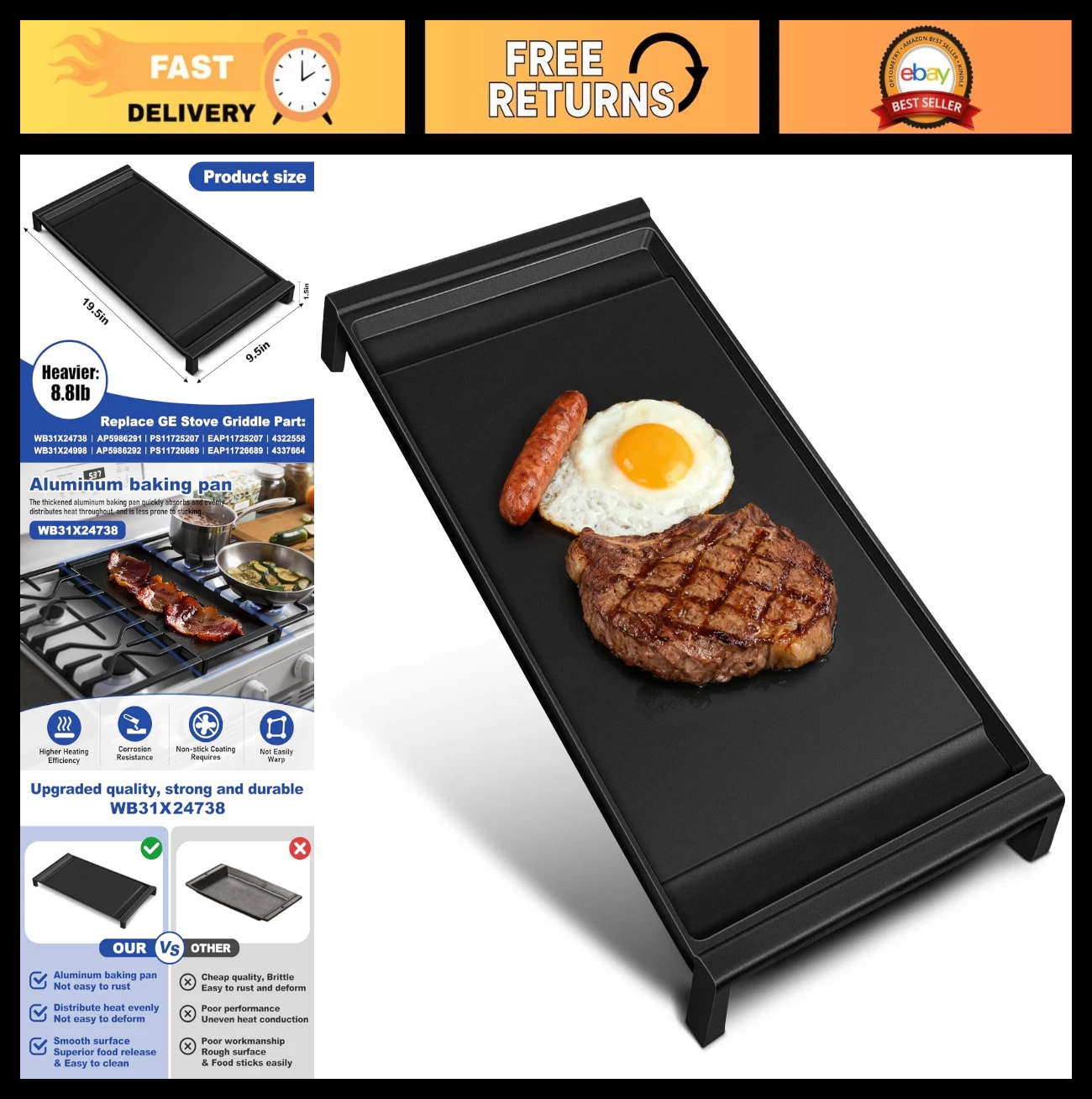 Aluminum Center Griddle Plate for GE Gas Range - Lightweight, Fast Heating, Repl