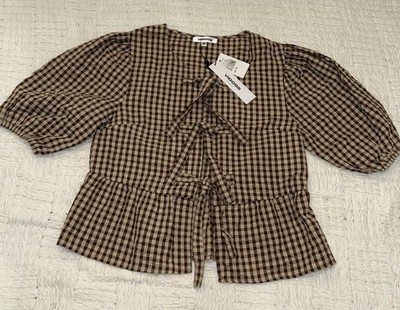 Vigoss Plaid Women-Puff Sleeve Tie-Front Top , brown checkered pattern. Size M