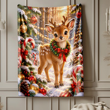 Christmas Baby Reindeer Wreath Coral Fleece Blanket Holiday Decor
