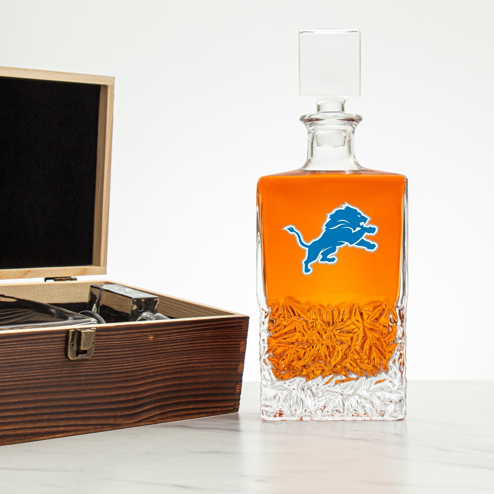Detroit Lions – Full Color Logo Football Decanter Set with Rustic Wood Box