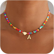 Valentines Day Gifts for Kids Women Girls - Colorful Beaded Initial Necklace Tee