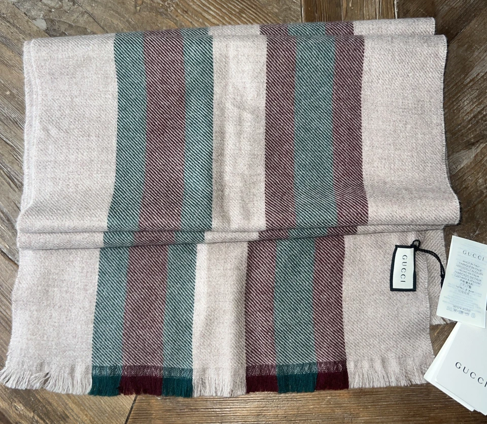 Gucci Junweb Wool Dark Red /Green Striped Beige Scarf NWT fabric tag fell off.  - Image 4 of 4