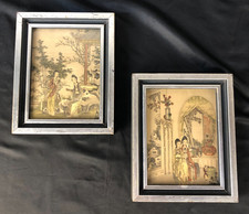 Antique Chinese Unsigned Ink & Watercolor Painting on Paper Pair 8 x 10