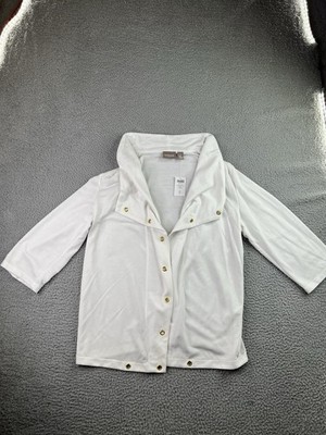 Chico's Open Front French Terry White Cardigan Gold Grommets Sz 2 (US Large 12)