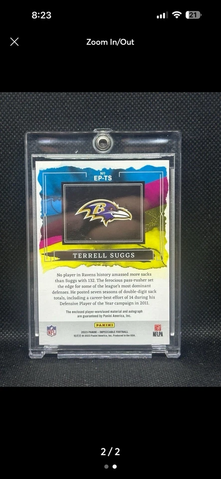 2023 Impeccable Extravagance Terrell Suggs Patch Auto /25 Ravens - Image 2 of 2