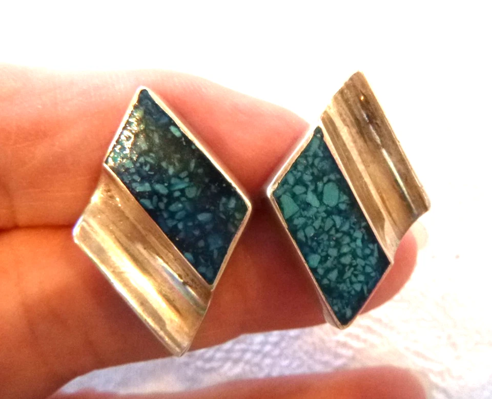 Gemelos artesanales vintage de plata de ley 925 con astillas de turquesa Foto 2 de 3