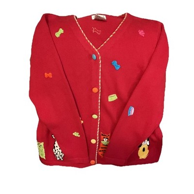 Vtg Quacker Factory Womens XL Red Colorful Dogs Cardigan Sweater Buttons So Cute