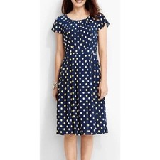 Talbots Navy Blue Polka Dots Flutter Sleeve Flare Dress Size 4
