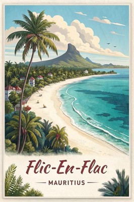Vibrant Flic-en-Flac Mauritius Travel Poster - Tropical Beach Paradise Art Print