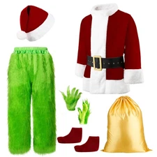 Green Funny Santa Claus Costume Deluxe Halloween Costumes Adult Complete Furr...