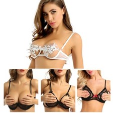 Womens Lace Underwire Balconette Bra Push Up Half Cup Shelf Bra Tops Clubwear