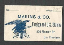 MINI TINY ENVELOPE 3" X 1.8" UNPOSTED MAKINS & CO SF CA CACHETED W/EAGLE & FLAG