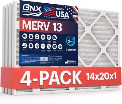 BNX 14X20x1 MERV 13 Furnace Air Filter, 4 Pack MADE IN USA HVAC AC Furnace