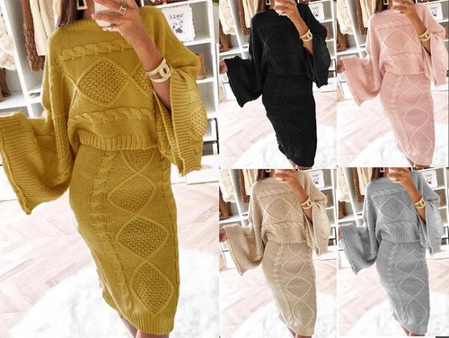 Midi Skirt Knitted Jumper Top Batwing 