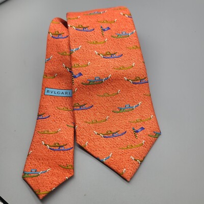 BVLGARI BULGARI Neck Tie. Venice Gondolas On Red Silk 7 Fold  Made In Italy