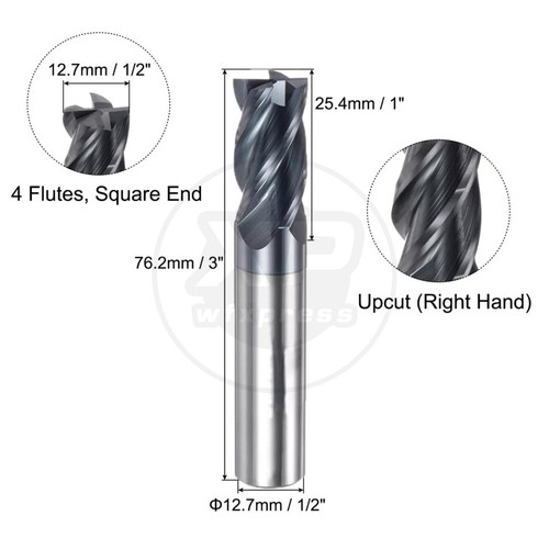 5Pcs 1/2" 4 Flute Solid Carbide 1" LOC x 3" OAL End Mills - AlTiN Coated - Picture 4 of 5