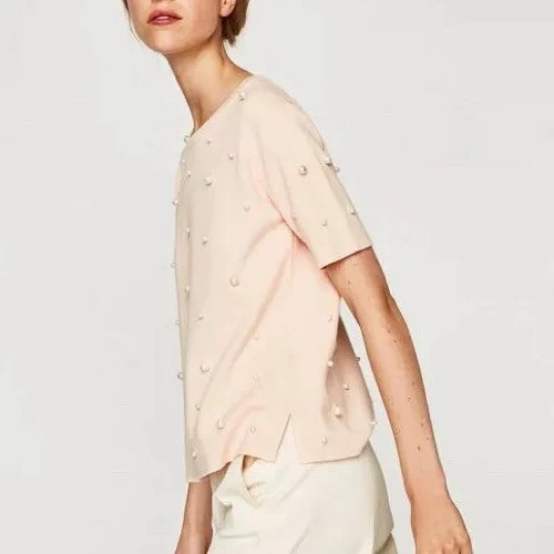 ZARA Pink Pearl Embellished Knit Shirt Top Medium NWT eBay
