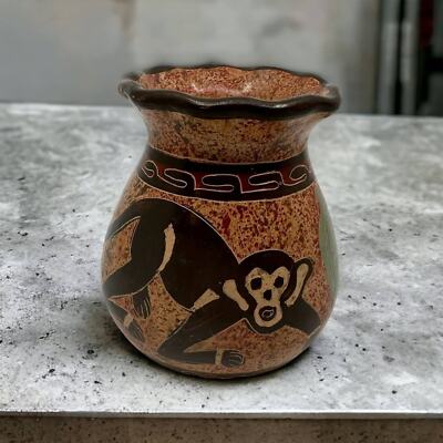 Vase Clay Art Jungle Monkey Tribal Pattern Costa Rica South American Handmade