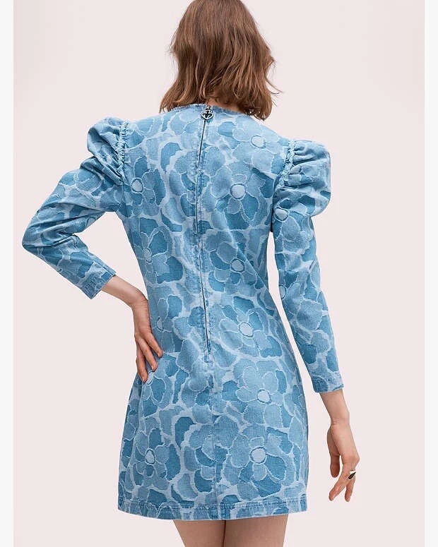 Mini Vestido Vaina Kate Spade Abstracto Peonía Talla 12 Jacquard Denim Mangas Abullonadas Foto 3 de 4