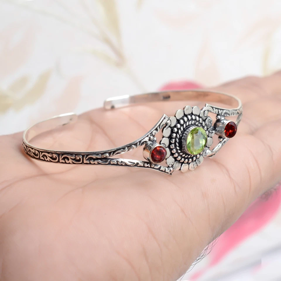Peridot Cut, Garnet Cut Gemstone Bracelet 925 Sterling Silver Girl's Love Bangle - Image 4 of 4