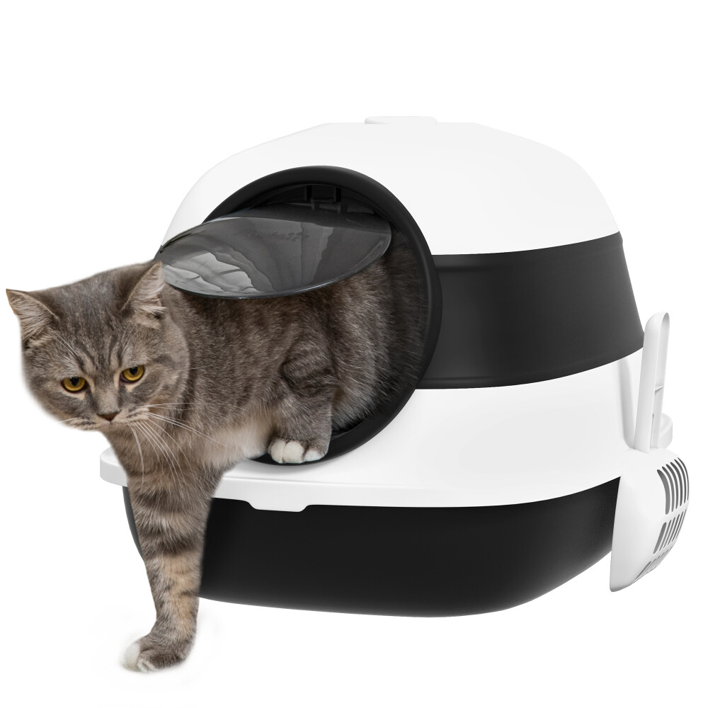 Large Two-Way Entrance Kitty Litter Box, Foldable, Easy Clean, White and Black