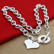 925 Sterling Silver Heart Necklace Chunky Chain Pendant Women Gift Jewellery