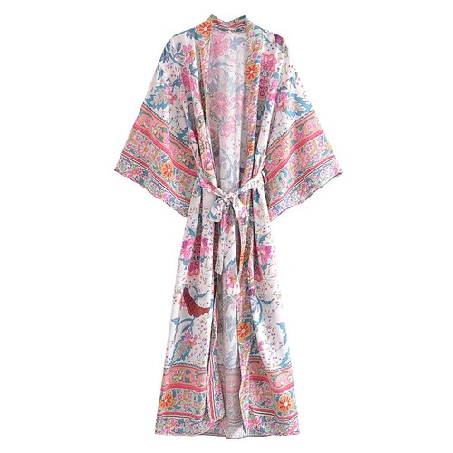 Happie Queens Green Peacock Print Bat Sleeve Kimono Robe v Neck Cover-Ups - Picture 16 of 17