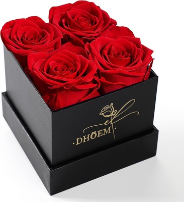Preserved Rose in a Box 4- Flowers Women Wife Friend Forever Roses Gifts, Red