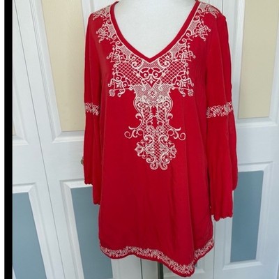 Flying Tomato Embroidered Red Tunic Top V Neck Boho Festival Blouse S