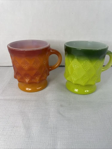 Vintage Anchor Hocking Fire King Orange & Green Kimberly Diamond Coffee Cup/Mugs