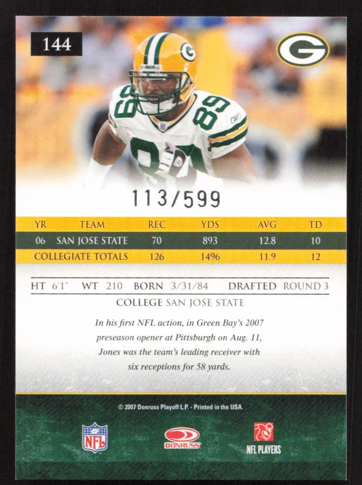 2007 Donruss Gridiron Gear James Jones #/599 RC Rookie #144 Card - Image 2 of 2