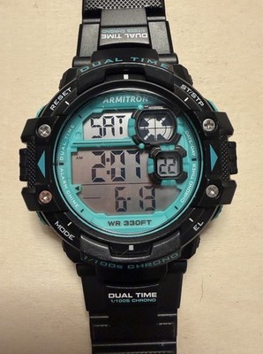 Armitron Pro Sport Digital Dual Time Chronograph Alarm EL WR100m Black/Blue